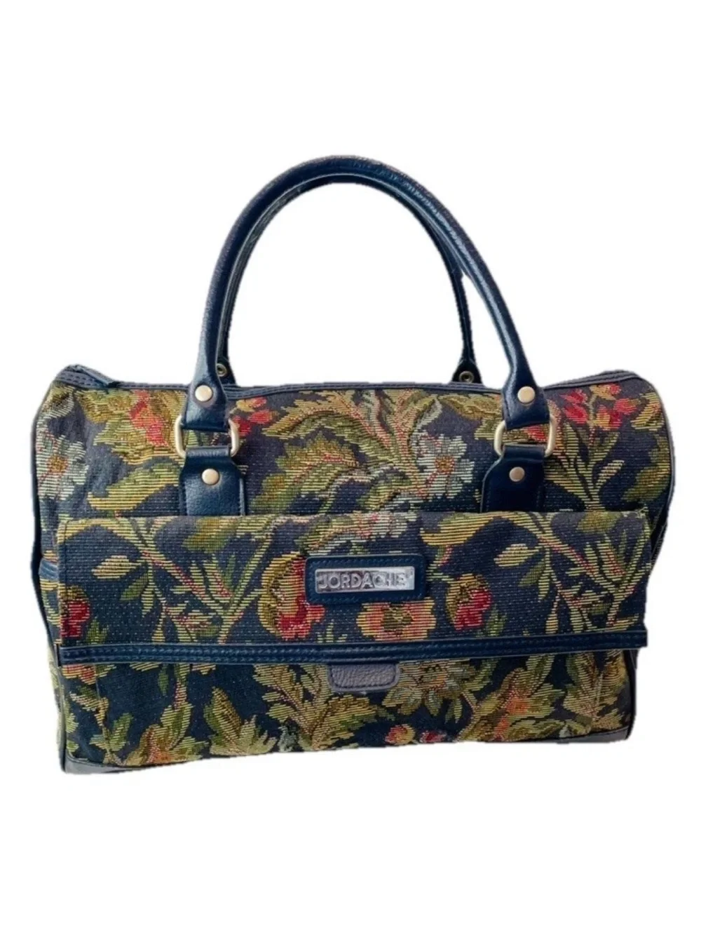 JORDACHE Black Floral Tapestry Luggage Satchel Bag Weekender